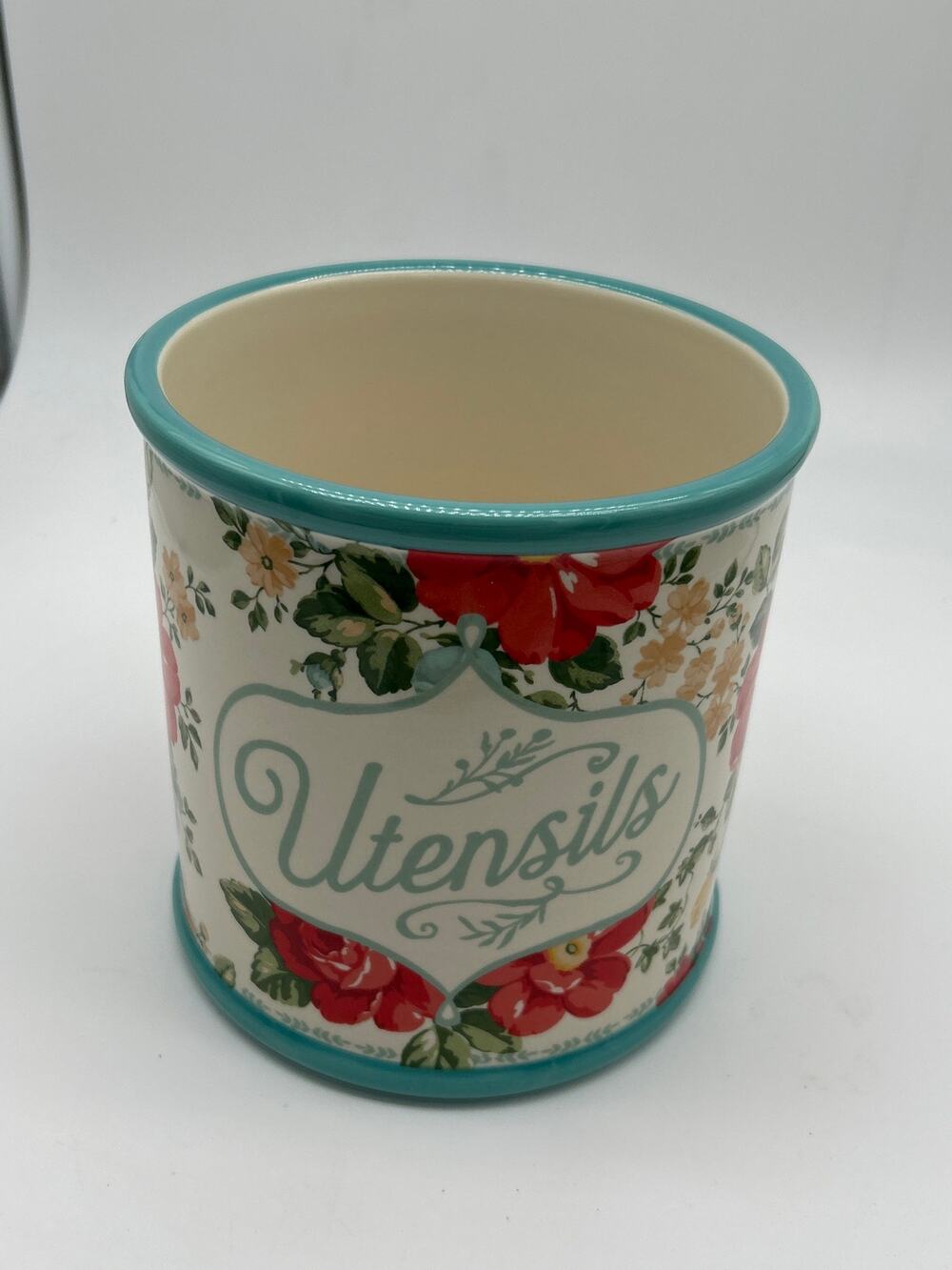The Pioneer Woman Floral Medley Utensil Crock Holder 7” Stoneware Red Teal